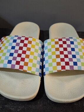 Vans Big Kid/ Ladies SIZE 5 Rainbow Checkered Slide Sandals - White Base
